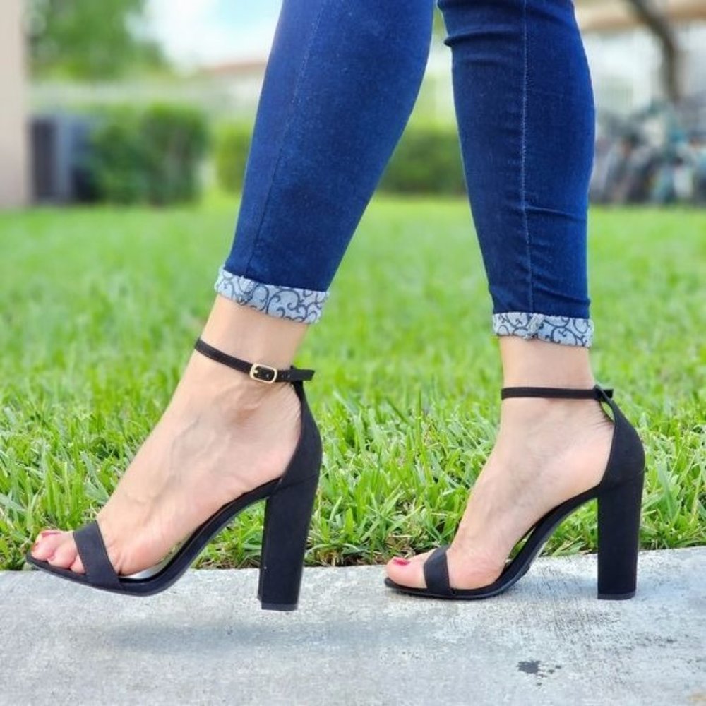 Black Suede Ankle Strap Block Heel Dress Sandals - Picture 3 of 6